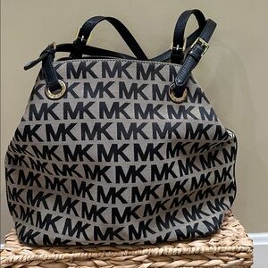 Michael Kors Logo Black Tan Canvas and Leather Trim Tote Bag EUC